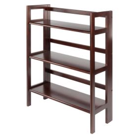 3-tier foldable shelf; stackable; walnut finish