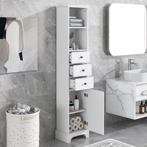 White Tall Bathroom Cabinet, Freestanding Storage Cabinet with 3 Drawers and Adjustable Shelf, MDF Board with Painted Finish White Tall Bathroom Cabinet, Freestanding Storage Cabinet with 3 Drawers and Adjustable Shelf, MDF Board with Painted Finish