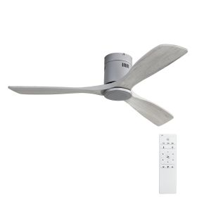 52 Inch Flush Mount Ceiling Fan DC 3 Carved Wood Fan Blade Noiseless Reversible Motor Remote Control Without Light