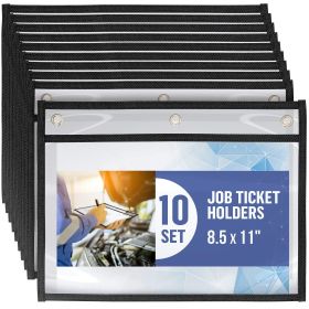 10 Pack Horizontal Job Ticket Holders 8.5x11 in 3 Hole Black Dry Erase Pockets Sleeves Clear Plastic Shop Ticket Holders