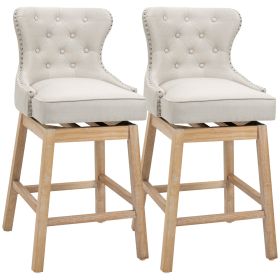 Upholstered Fabric Bar Height Bar Stools, 180¬∞ Swivel Nailhead-Trim Pub Chairs, 30" Seat Height with Rubber Wood Legs, Set of 2, Cream