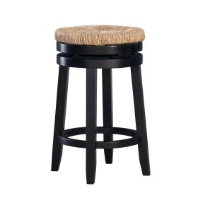 Wooden Counter Stool with Round Rattan Padded Seat, Black and Brown