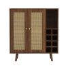 Bohemian Bar Cabinet, Natural Rattan Doors, Removable Wine Rack in Walnut