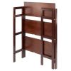 3-tier foldable shelf; stackable; walnut finish