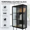 Retro-Styled, Fluted Glass High Cabinet with Detachable Shelves and Dual Doors for Living Room, Bathroom, Dining Room, Kitchen, Entryway - Black