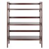 3-tier foldable shelf; stackable; walnut finish