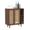 Bohemian Bar Cabinet, Natural Rattan Doors, Removable Wine Rack in Walnut