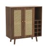 Bohemian Bar Cabinet, Natural Rattan Doors, Removable Wine Rack in Walnut