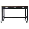 60in Work Bench, Workbench with Drawer Storage, Heavy Duty Bamboo Wood Work Table with Wheels for Garage Home Office