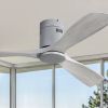 52 Inch Flush Mount Ceiling Fan DC 3 Carved Wood Fan Blade Noiseless Reversible Motor Remote Control Without Light