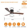 42 inch Black Wood Ceiling Fans with Lights and Remote, Modern Flush Mount Low Profile Ceiling Fan with Light, 6 Speed, Reversible DC Motor, for Bedro