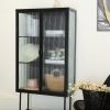 Retro-Styled, Fluted Glass High Cabinet with Detachable Shelves and Dual Doors for Living Room, Bathroom, Dining Room, Kitchen, Entryway - Black