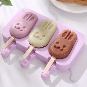 1pc Silicone Ice Cream Mold + Lid + 50pcs Ice Cream Stick Silicone Ice Cube Ice Cream Household Homemade Stick Ice Pop Mold Ice Hockey Mold Ice Cream (Quantity: 3 Rabbit Moulds + Lids + 50 Ice Cream Sticks)