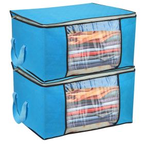 2Pcs Clothes Storage Bag 90L Large Capacity Foldable Closet Organizer w/ Thick Fabric Clear Window Dual-Zipper (Color: Blue)