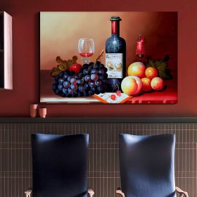 Framed Canvas Wall Art Decor Painting, Still Life Wine and Grape Fruits on Table Oil Painting Style Decoration For Restaurant, Kitchen, Dining Room, O (Color: as Pic)