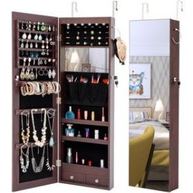 LED Lights Jewelry Storage Mirror Cabinet (Color: BROWN)