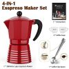 RAINBEAN Moka Pot 6 Cup Set, 11 oz / 300ml Stovetop Espresso Maker, Italian Cuban Greca Coffee, Aluminum Ripple Ring Design - Easy To Use & Clean (Red